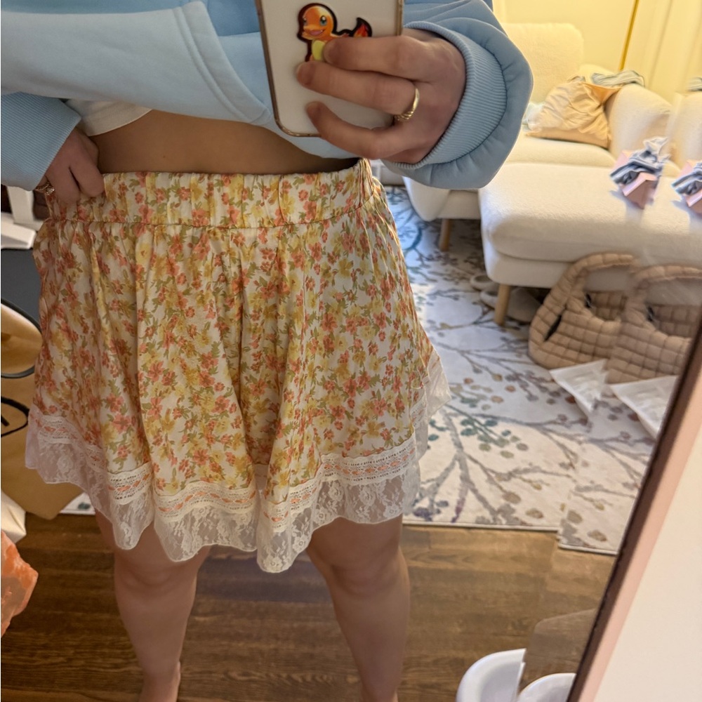 Free People Yellow Floral Lace-Trim Skater Mini Skirt